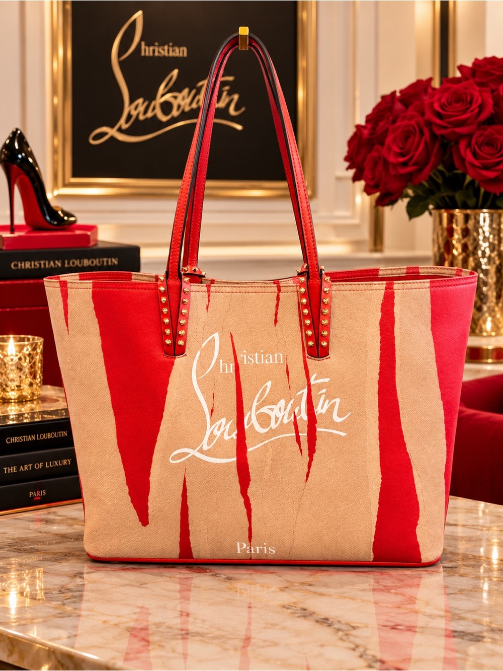Beautiful and Rare Christian Louboutin East To West Loubi Kraft Cabana Tote!
